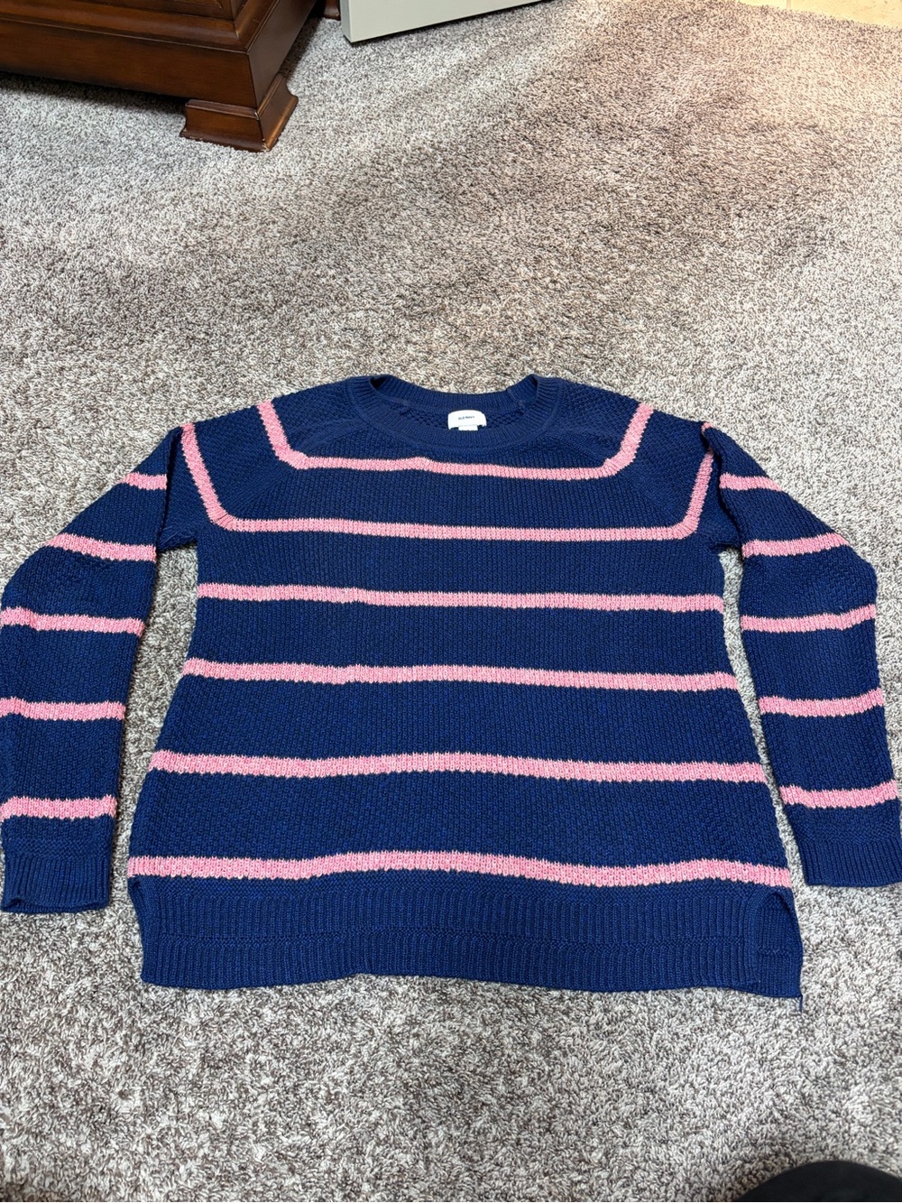 Old Navy Navy and Pink Striped Crewneck Sweater